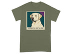 Olive green t-shirt with a yellow lab portrait and text "ENDLESS HUNGER".