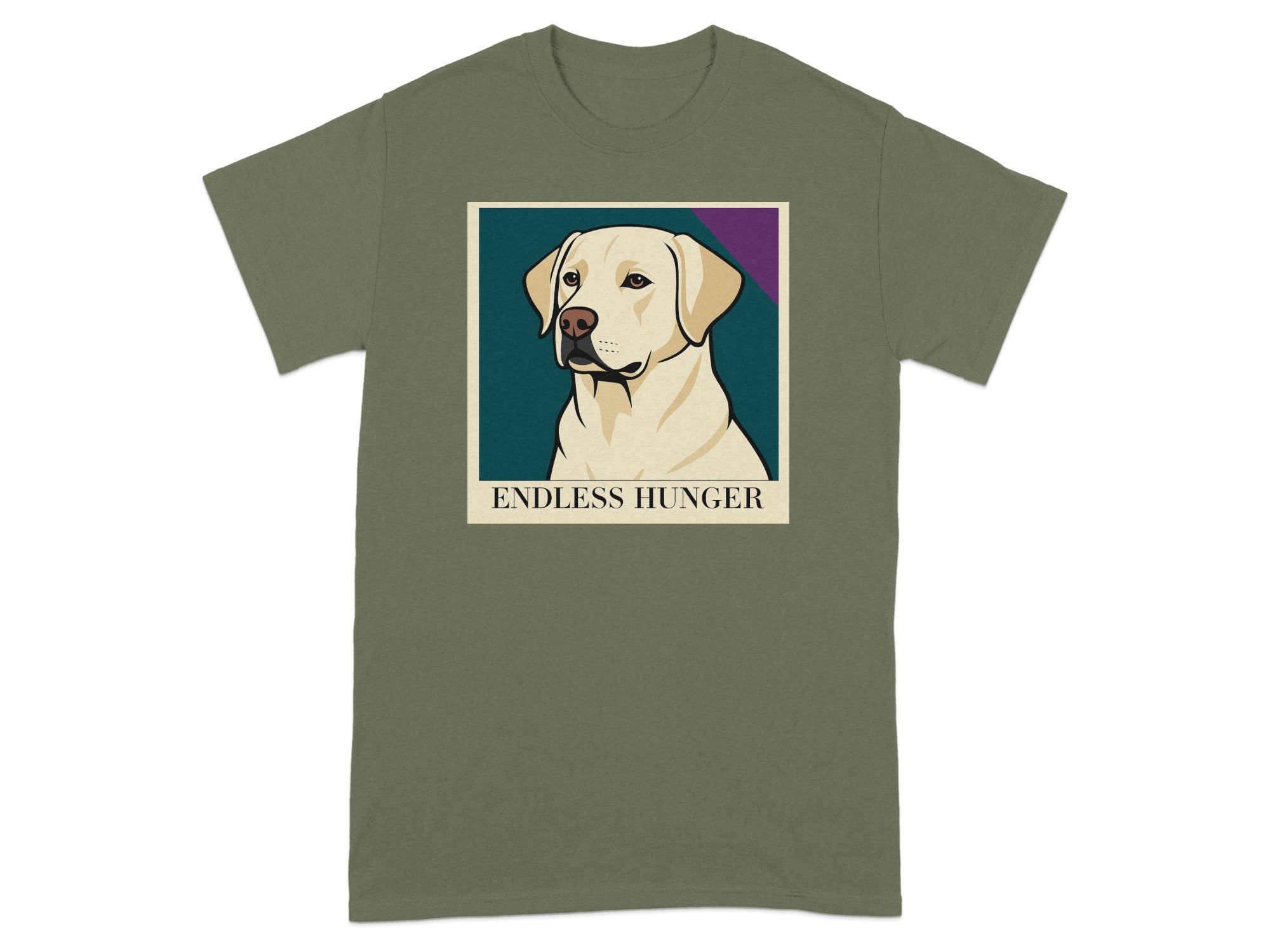 Olive green t-shirt with a yellow lab portrait and text "ENDLESS HUNGER".
