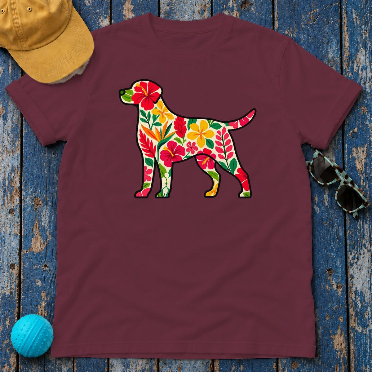 Floral Labrador with Hawaiian Flowers T-Shirt in Maroon
