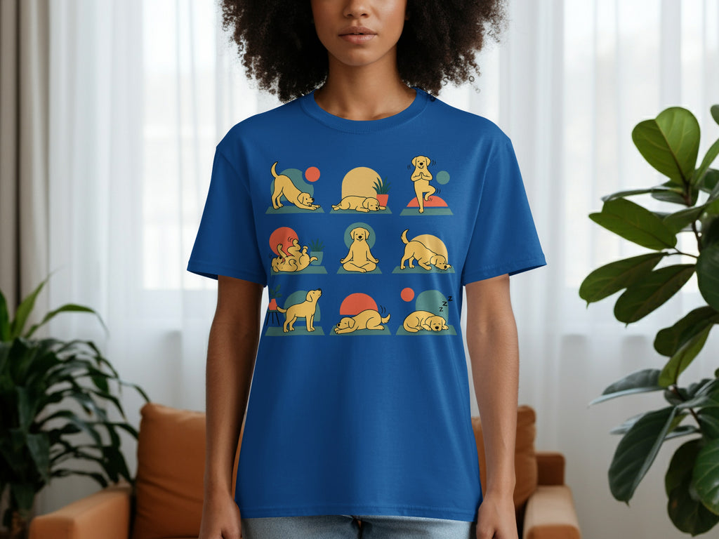Blue t-shirt printed with a grid of nine different cartoon dogs in various yoga poses.