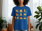 Blue t-shirt printed with a grid of nine different cartoon dogs in various yoga poses.