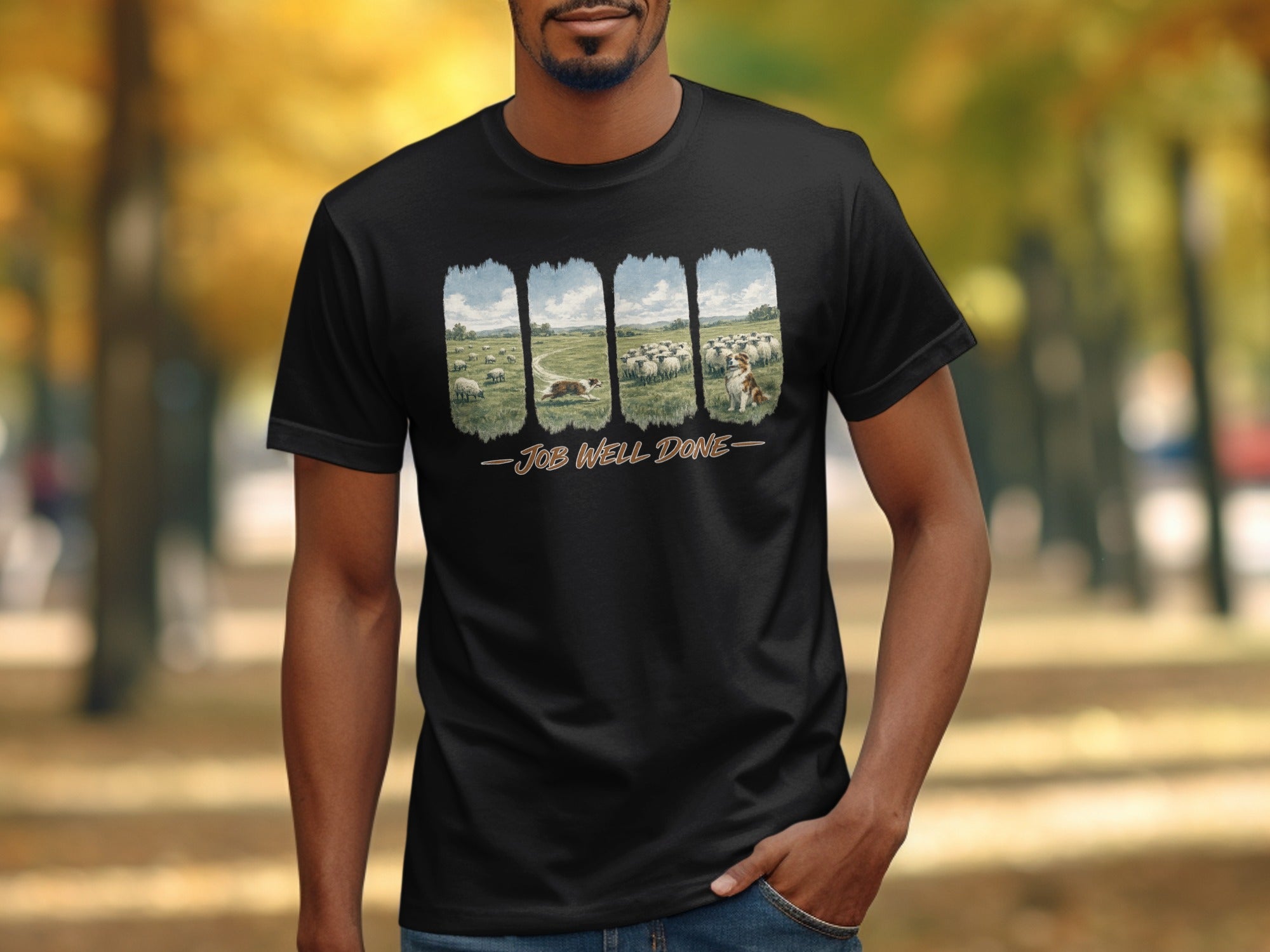 Black t-shirt with illustration of sheep, border collies, and text "Job Well Done."