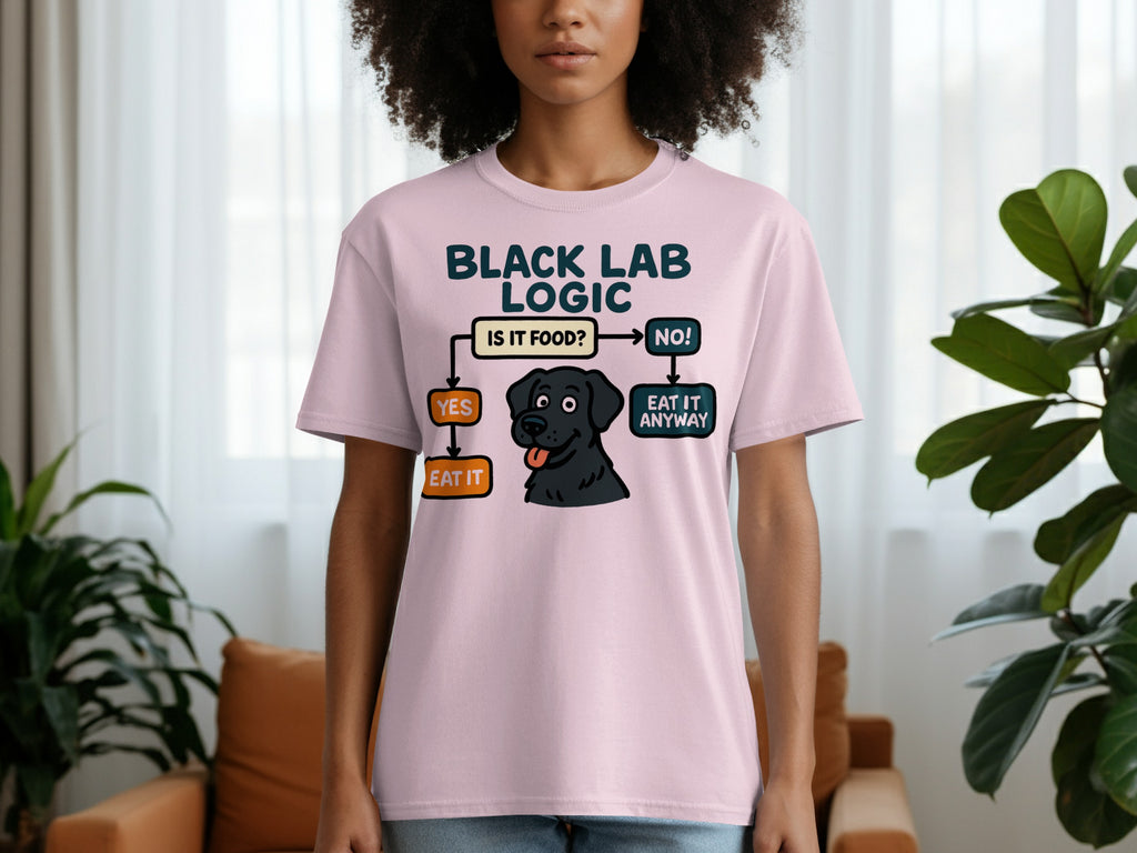 Pink t-shirt with "Black Lab Logic" flowchart and a black lab art.