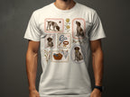 T-shirt with framed illustrations of dogs, dog treats, and toys.