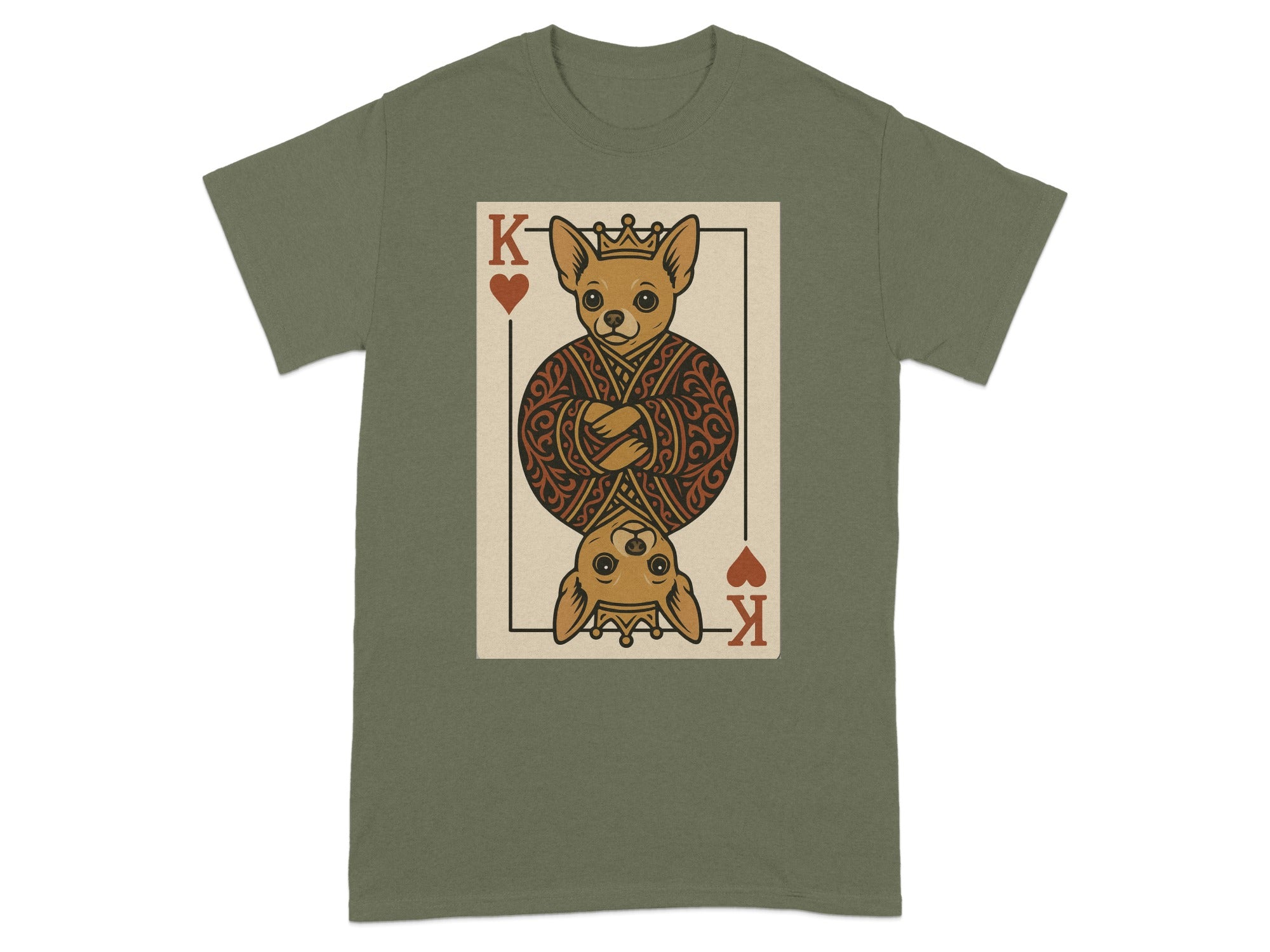 T-shirt graphic features a king of hearts playing card with chihuahua dogs.