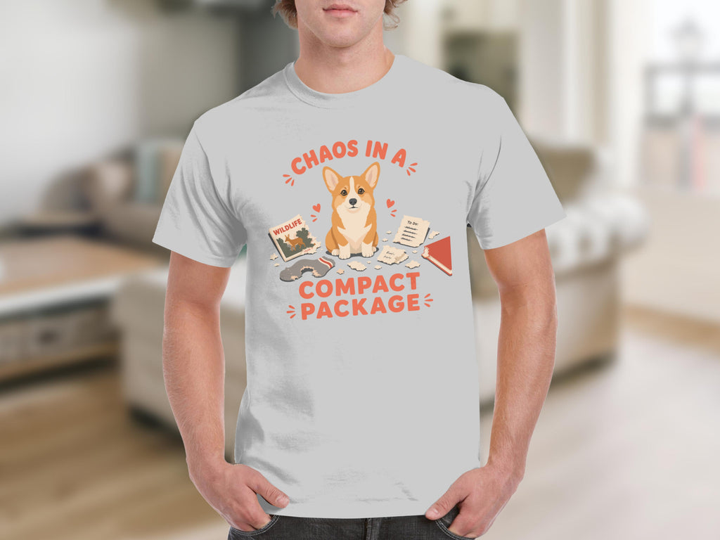 Corgi and "Chaos in a Compact Package" text on a t-shirt.