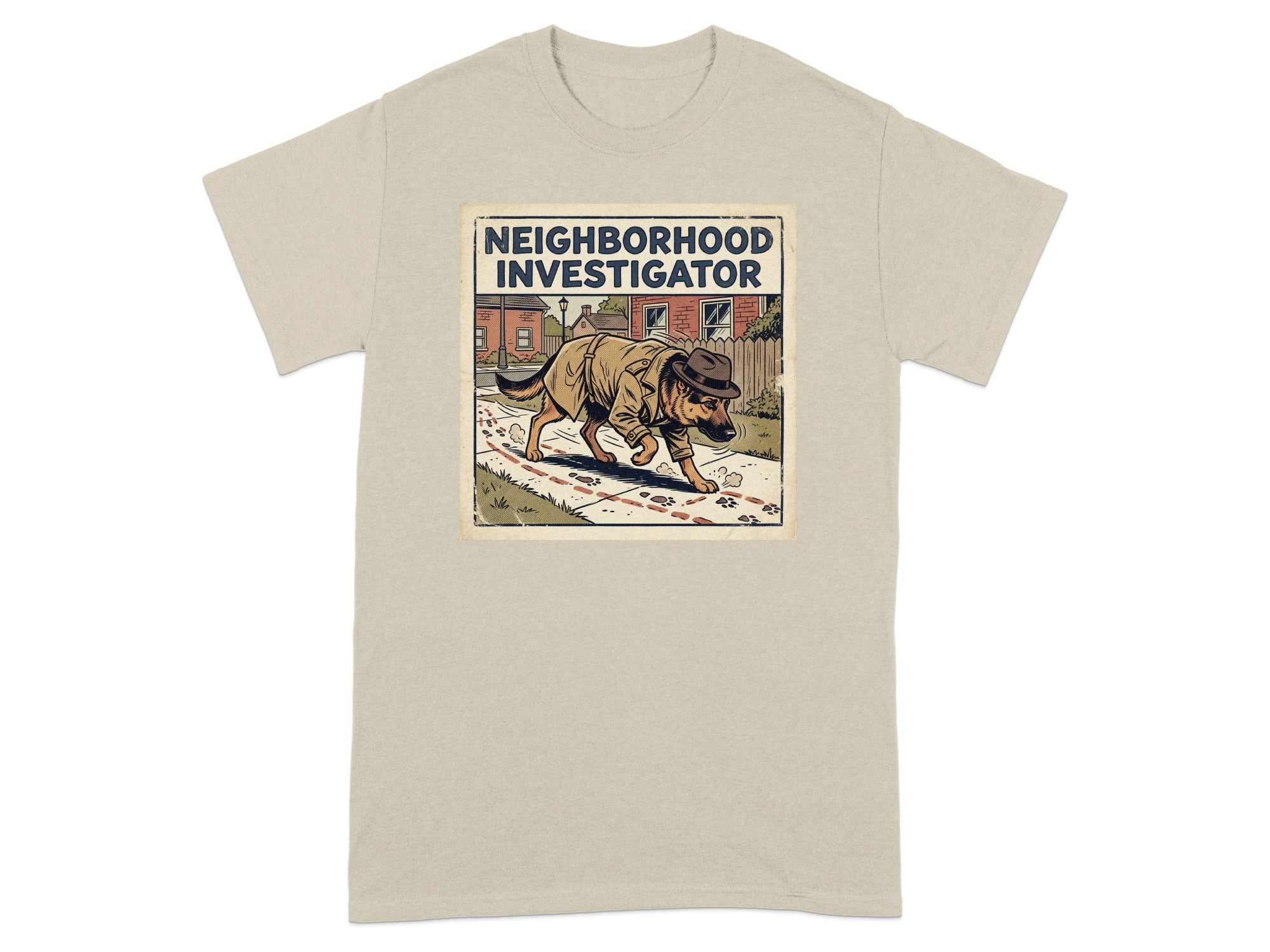 T-shirt with a cartoon dog detective wearing a hat and trench coat.