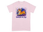 Pink t-shirt with a running corgi and "Unleash the Joy" text.