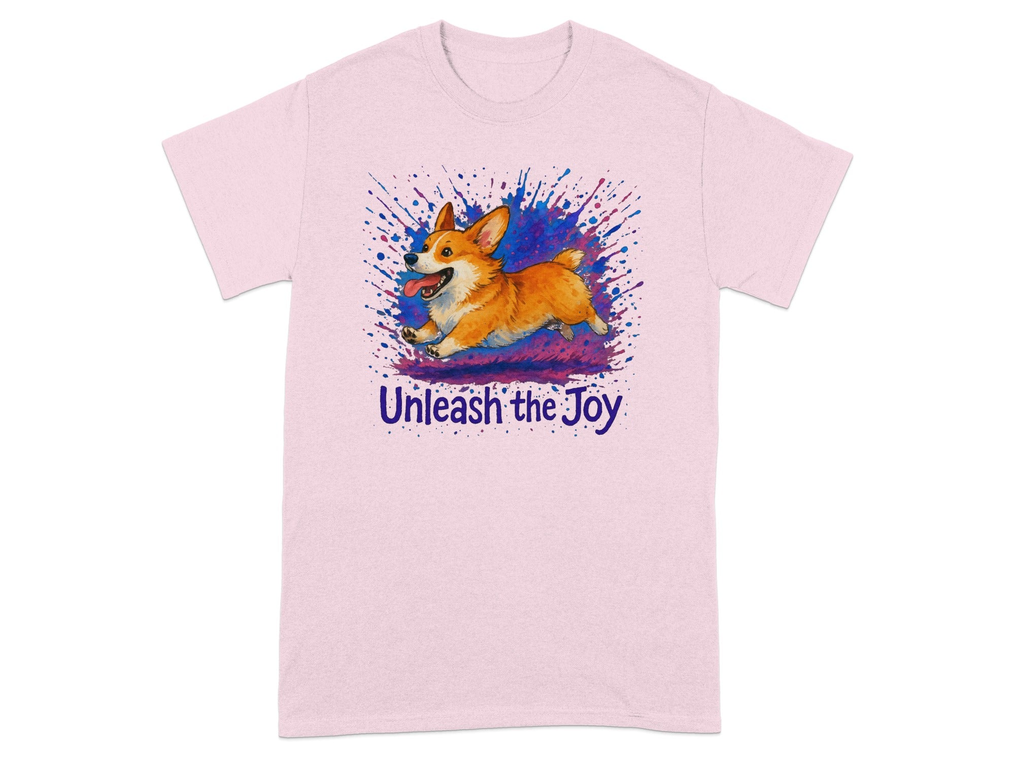Pink t-shirt with a running corgi and "Unleash the Joy" text.