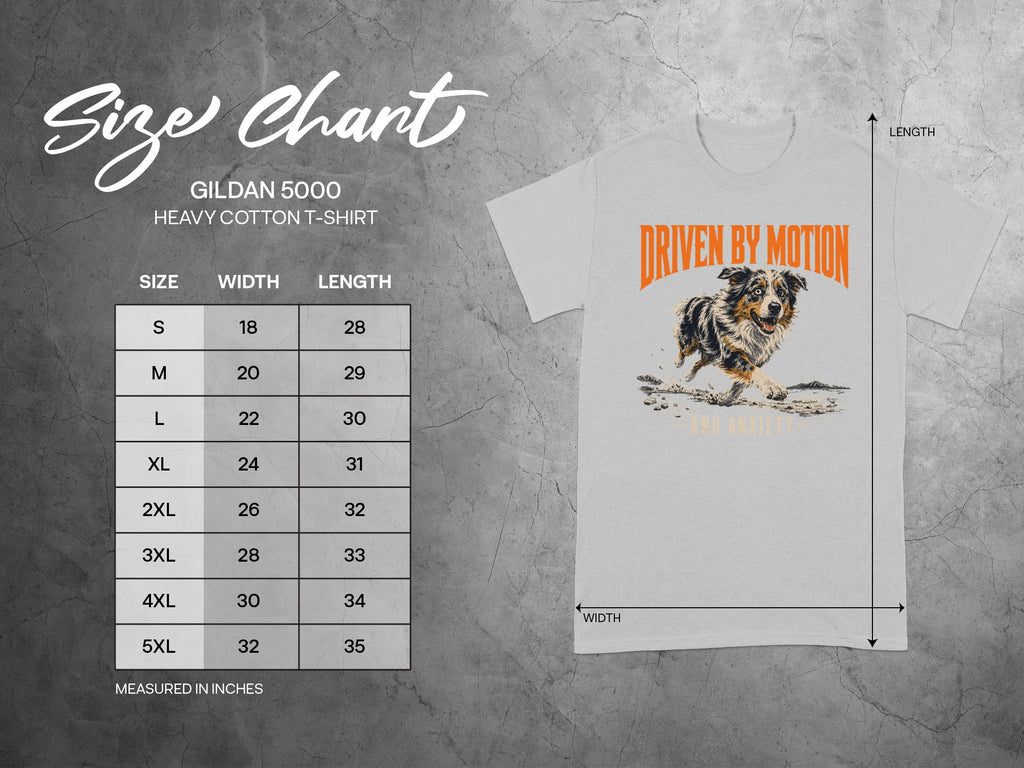 Gildan 5000 heavy cotton t-shirt size chart with measurements.