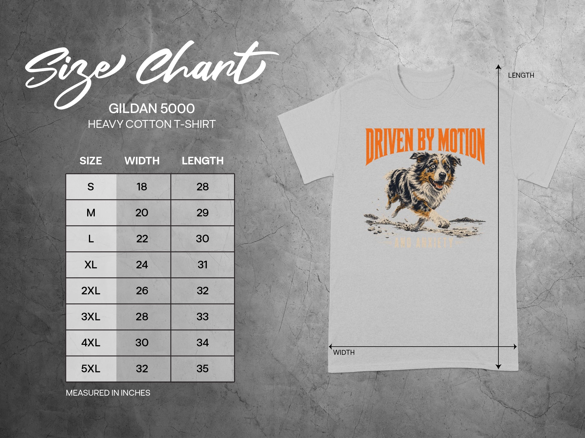 Gildan 5000 heavy cotton t-shirt size chart with measurements.