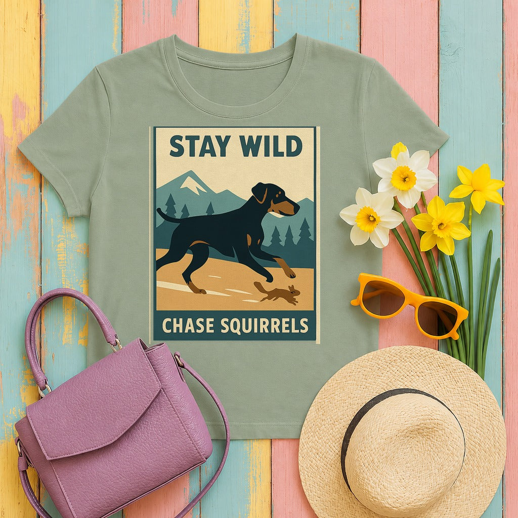 Doberman Stay Wild Chase Squirrels Tee in Sage