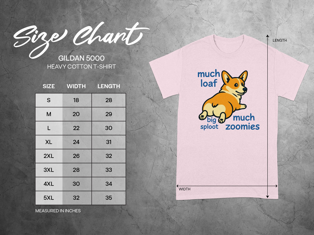 Gildan 5000 size chart with corgi graphic and measurement details.