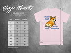 Gildan 5000 size chart with corgi graphic and measurement details.