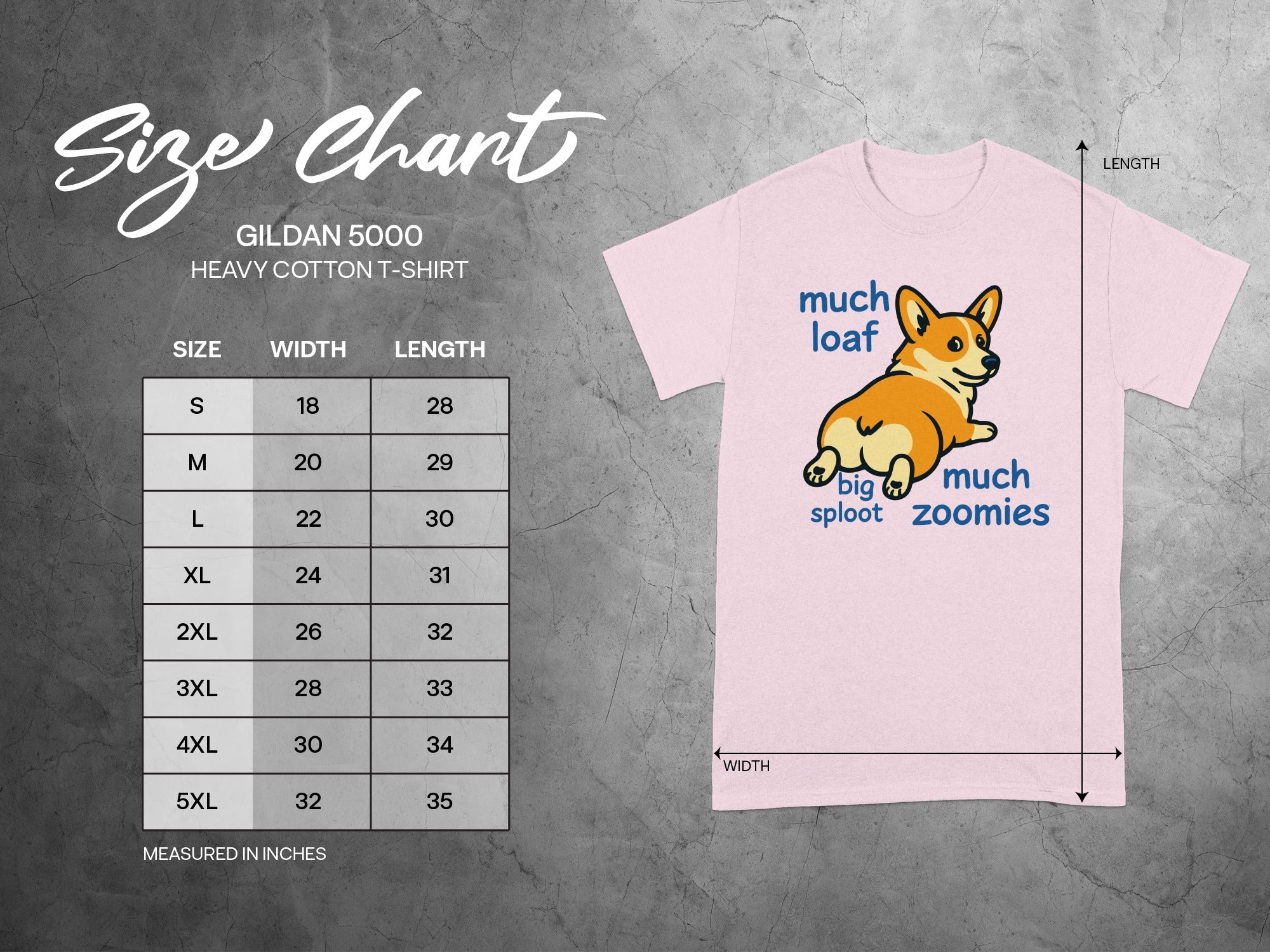 Gildan 5000 size chart with corgi graphic and measurement details.