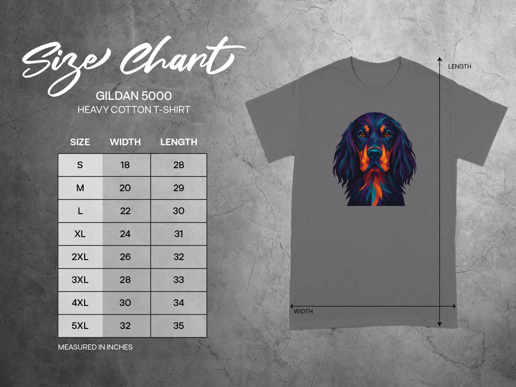 Colorful Dog Print Grey T-Shirt Size Chart Display