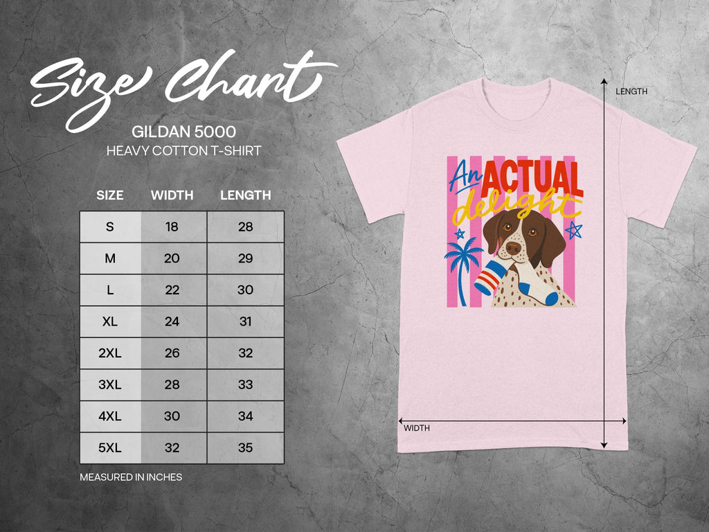 Pink t-shirt with "An ACTUAL delight" text and dog graphic.