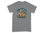Grey t-shirt with a cartoon chihuahua sniffing and text "TRUST THE NOSE."