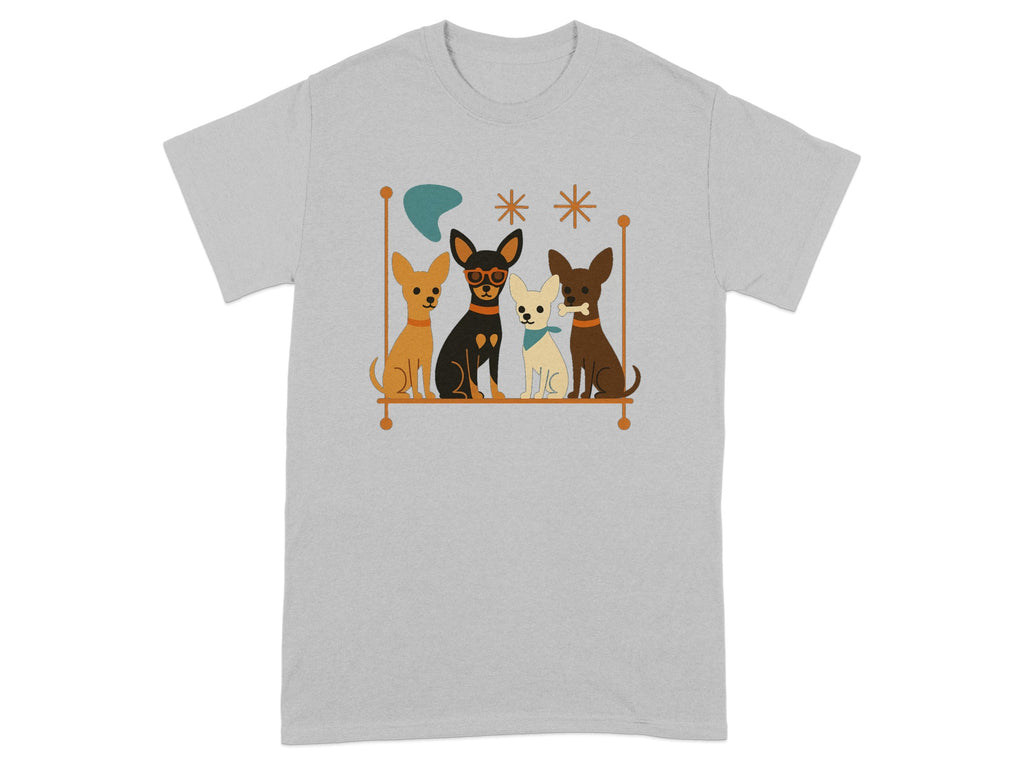 Four dogs in vintage style, one wearing glasses and another with a bone.