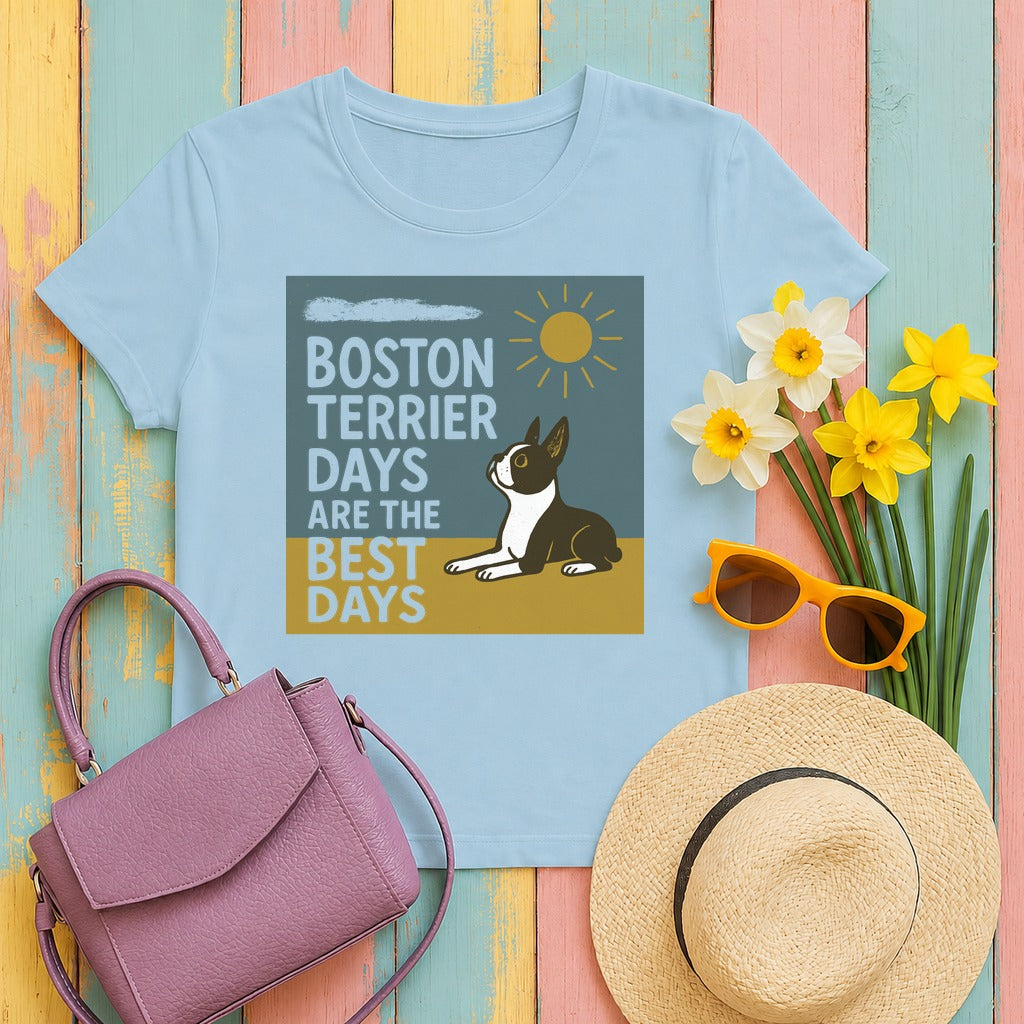 Whimsical Boston Terrier Days T-Shirt in Light Blue