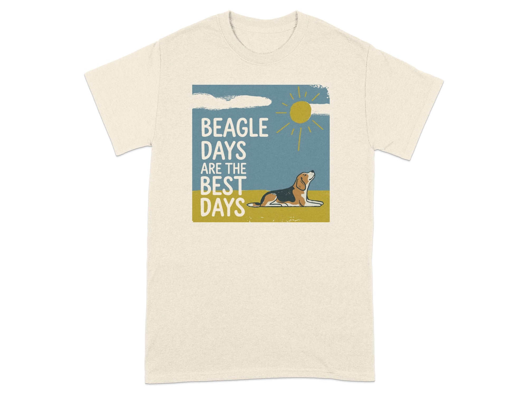 T-shirt graphic of a beagle lying down with text "Beagle Days are the Best Days".