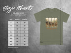 Gildan 5000 size chart with width and length measurements for heavy cotton t-shirts.