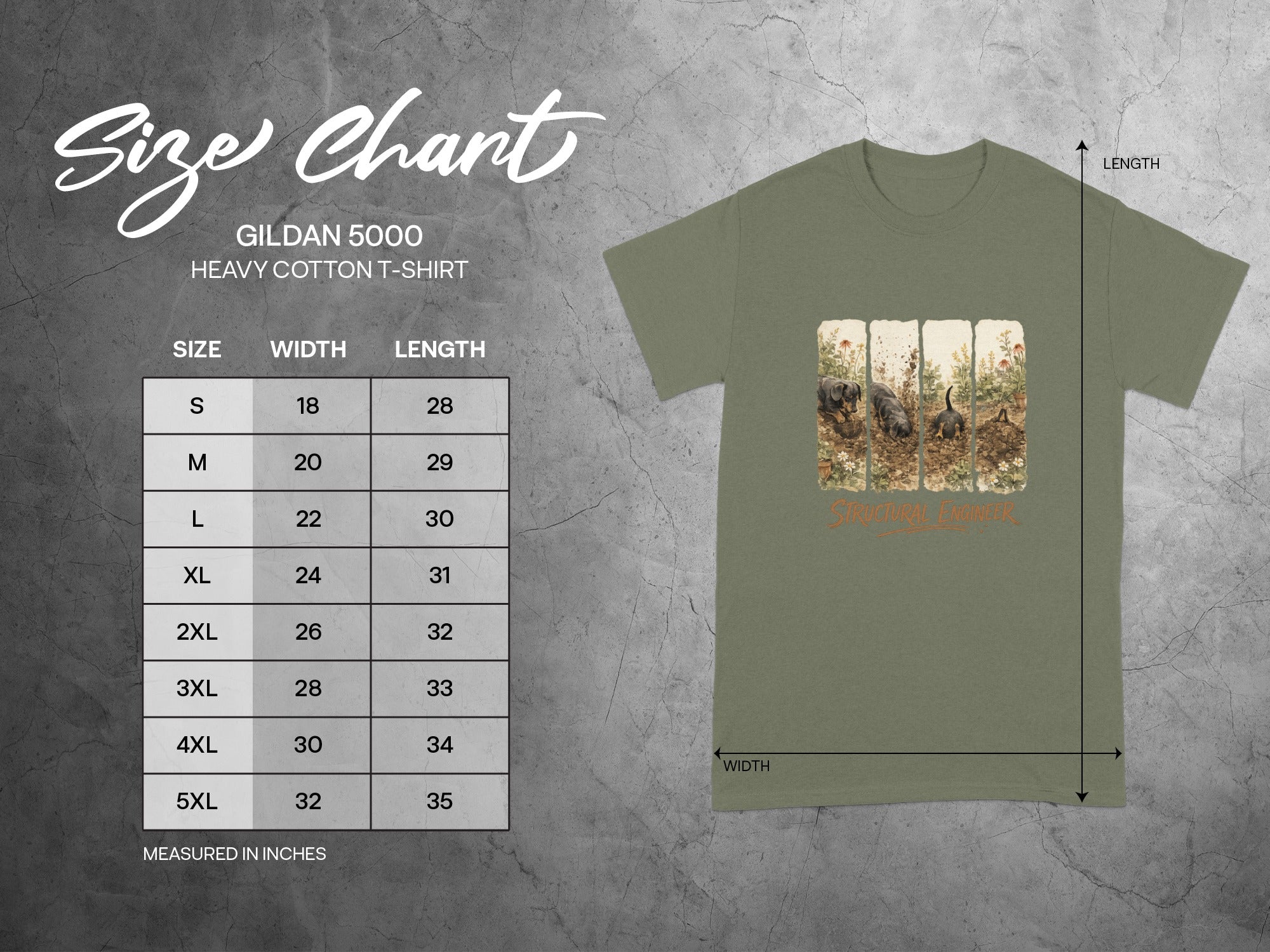 Gildan 5000 size chart with width and length measurements for heavy cotton t-shirts.