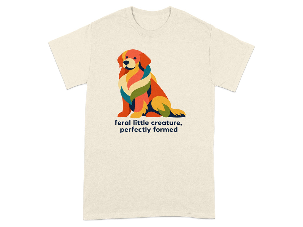 Cream t-shirt with colorful abstract dog graphic and "feral little creature, perfectly formed" text.