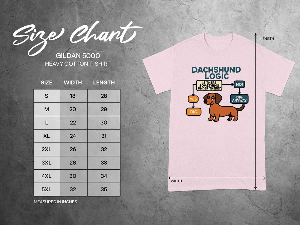 Gildan 5000 heavy cotton t-shirt size chart showing width and length measurements.