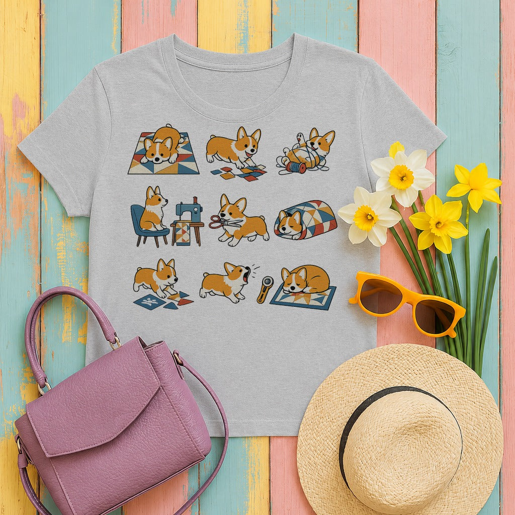 migbackfill whimsical-corgi-quilter-s-chronicle-t-shirt tee flat lay hero v8