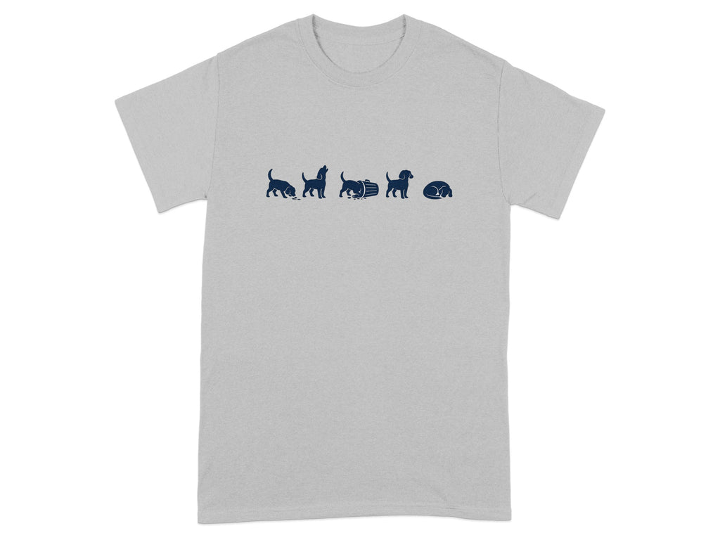 Light gray t-shirt with navy blue graphic of five dog silhouettes in various poses.