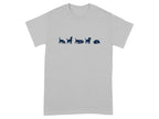 Light gray t-shirt with navy blue graphic of five dog silhouettes in various poses.