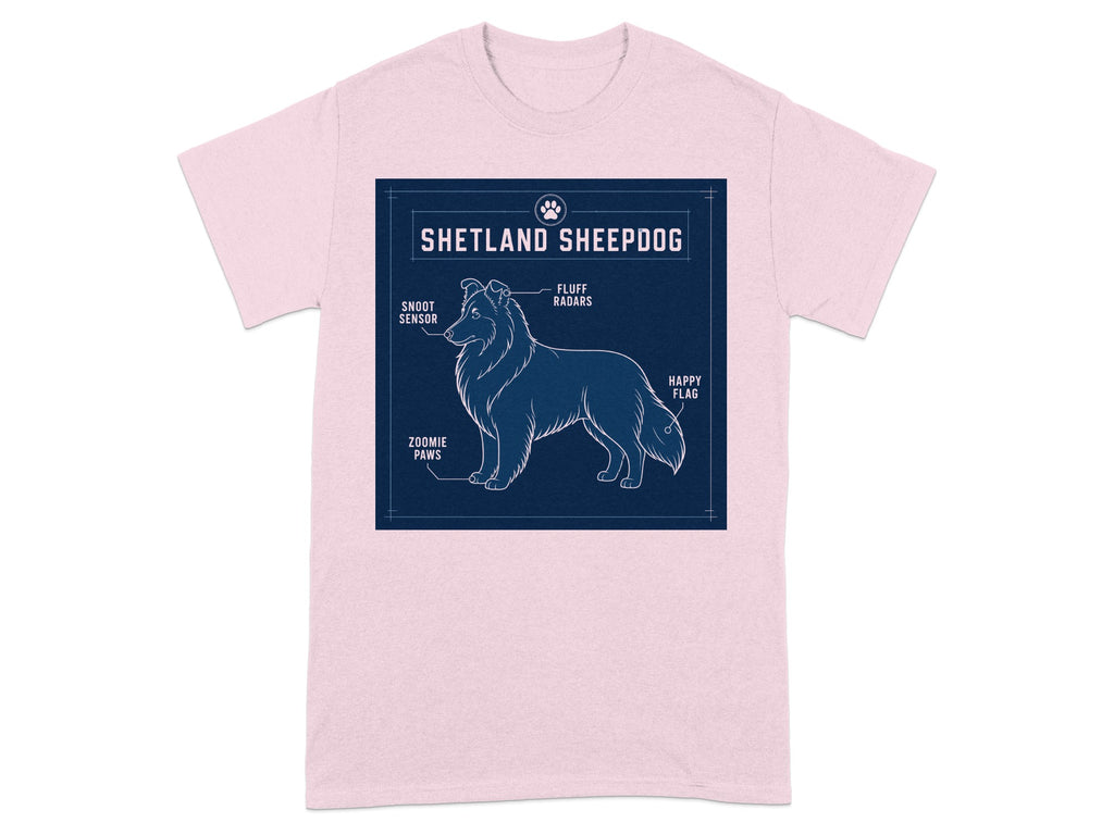 Shetland Sheepdog anatomy diagram with labels on a pink t-shirt.