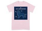Shetland Sheepdog anatomy diagram with labels on a pink t-shirt.