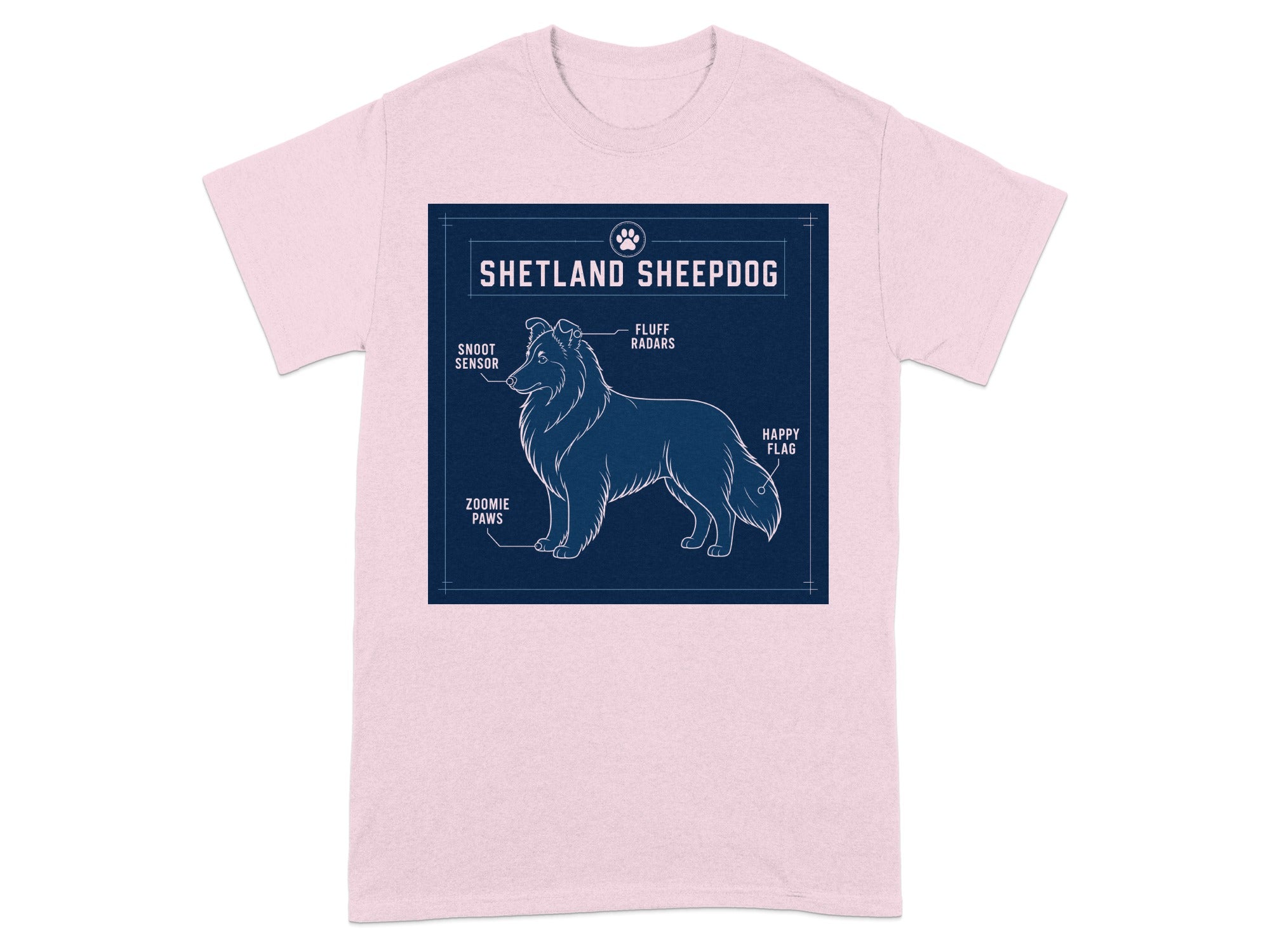 Shetland Sheepdog anatomy diagram with labels on a pink t-shirt.