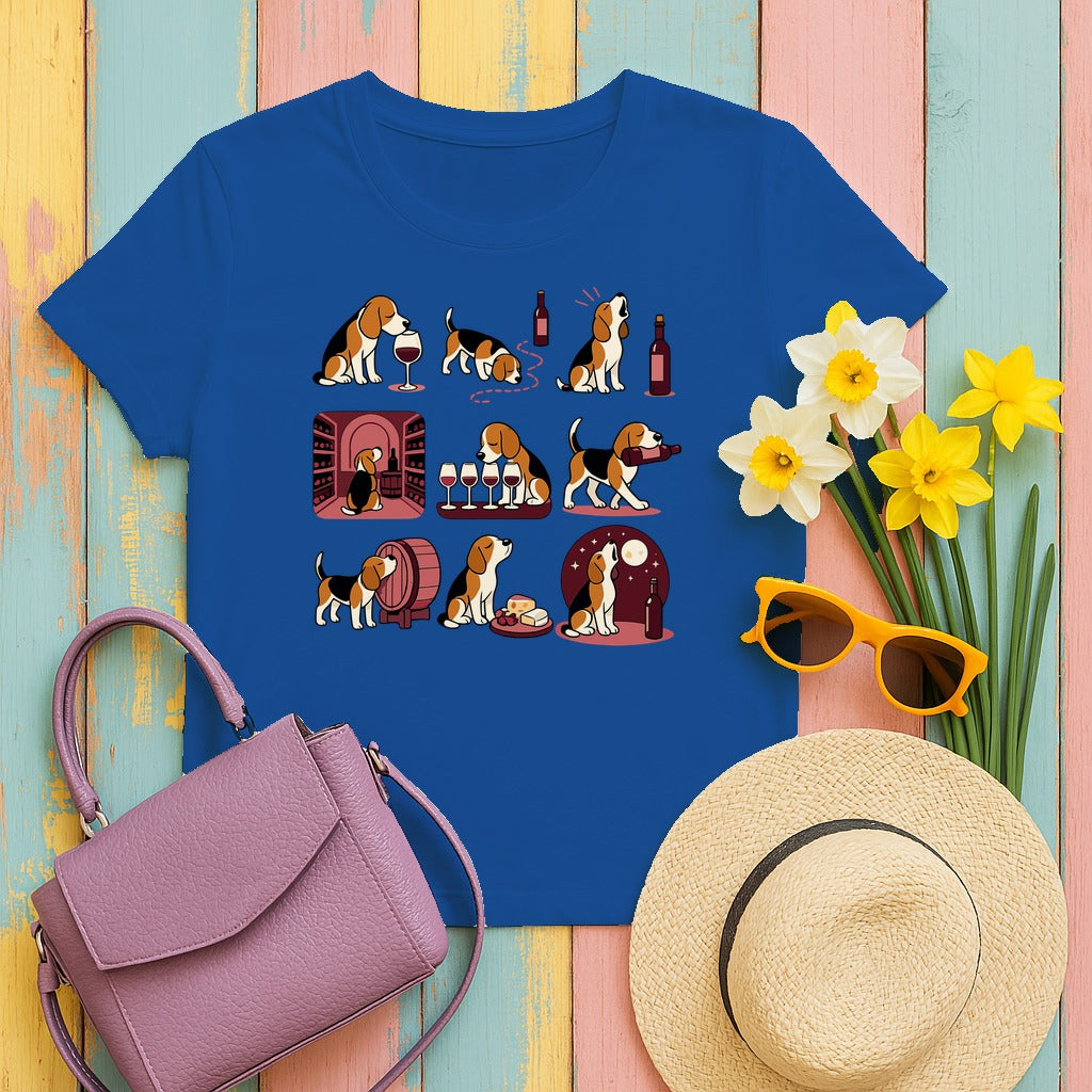 Whimsical Wine Beagle Adventures T-Shirt in Royal