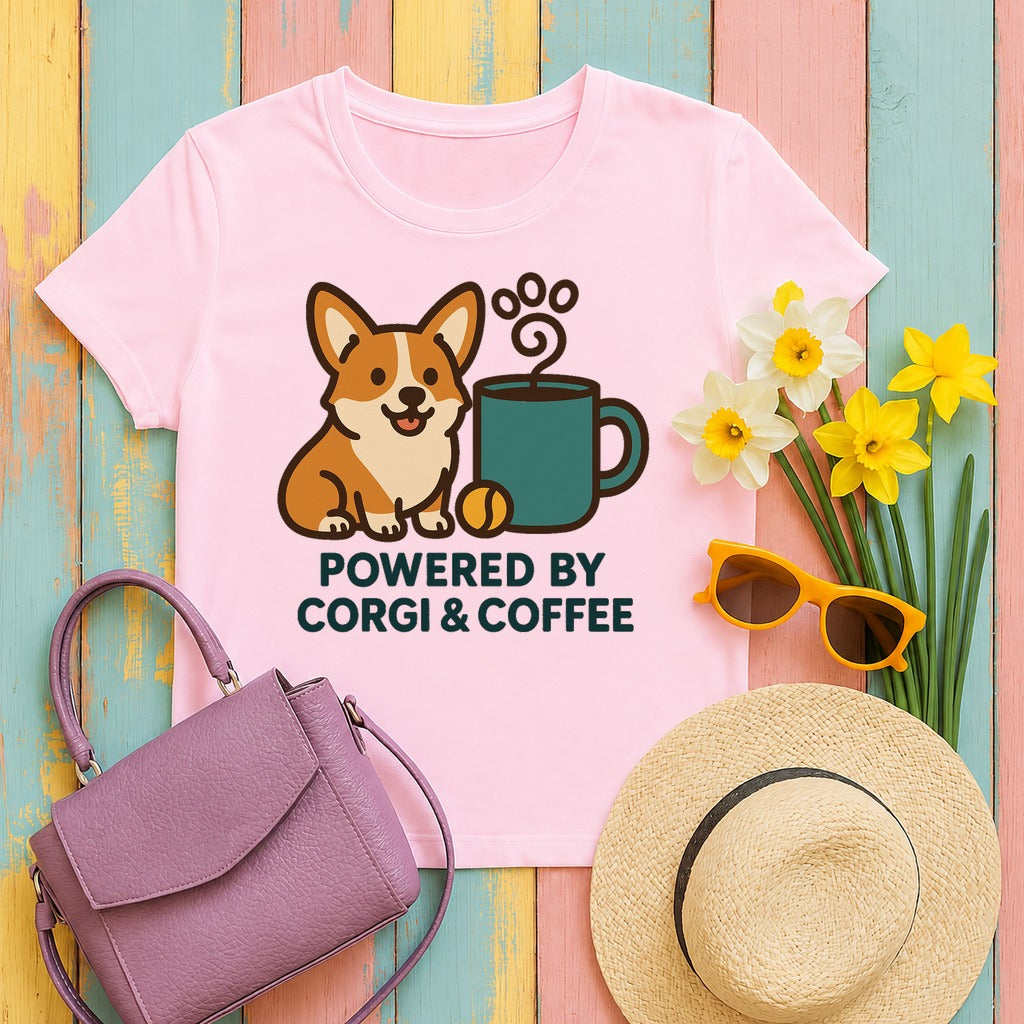 Corgi & Coffee Powered Whimsical T-Shirt in Light Pink