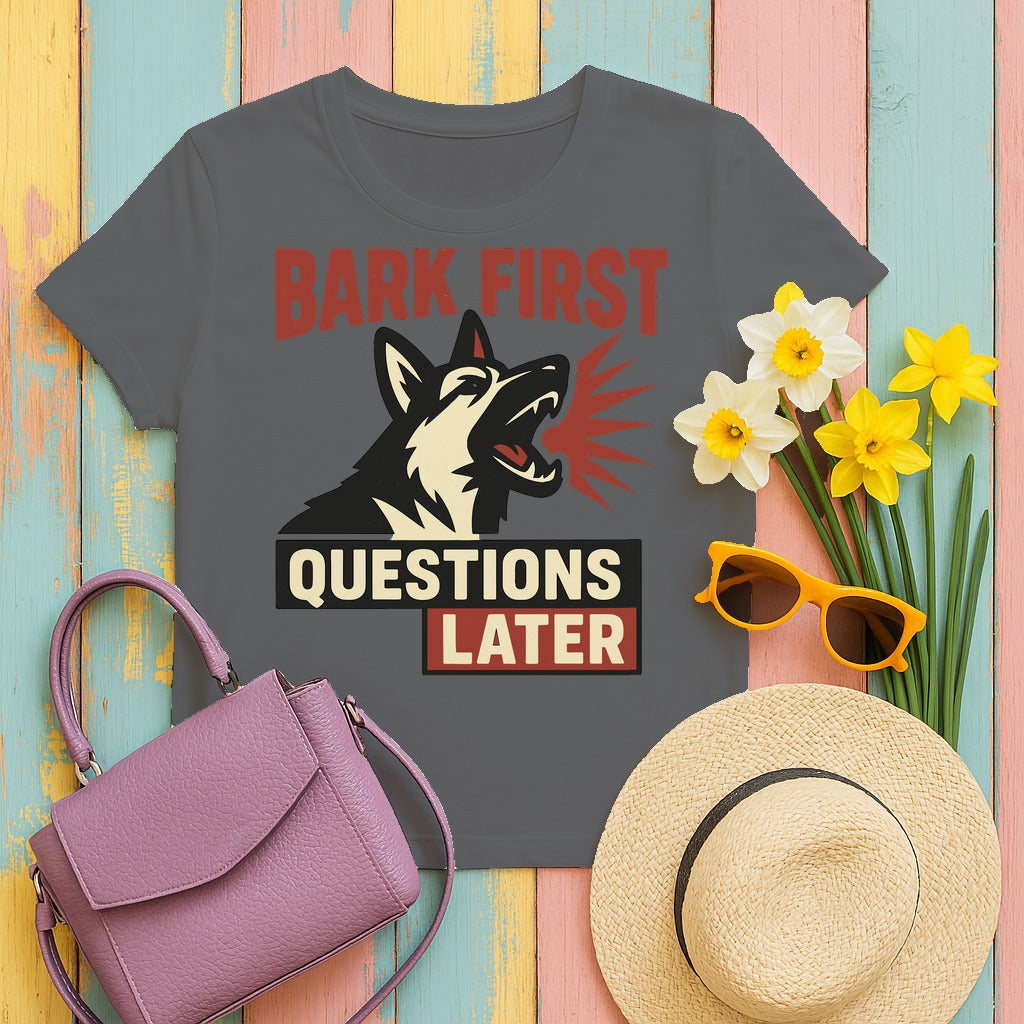 Bark First Questions Later German Shepherd T-Shirt in Graphite Heather
