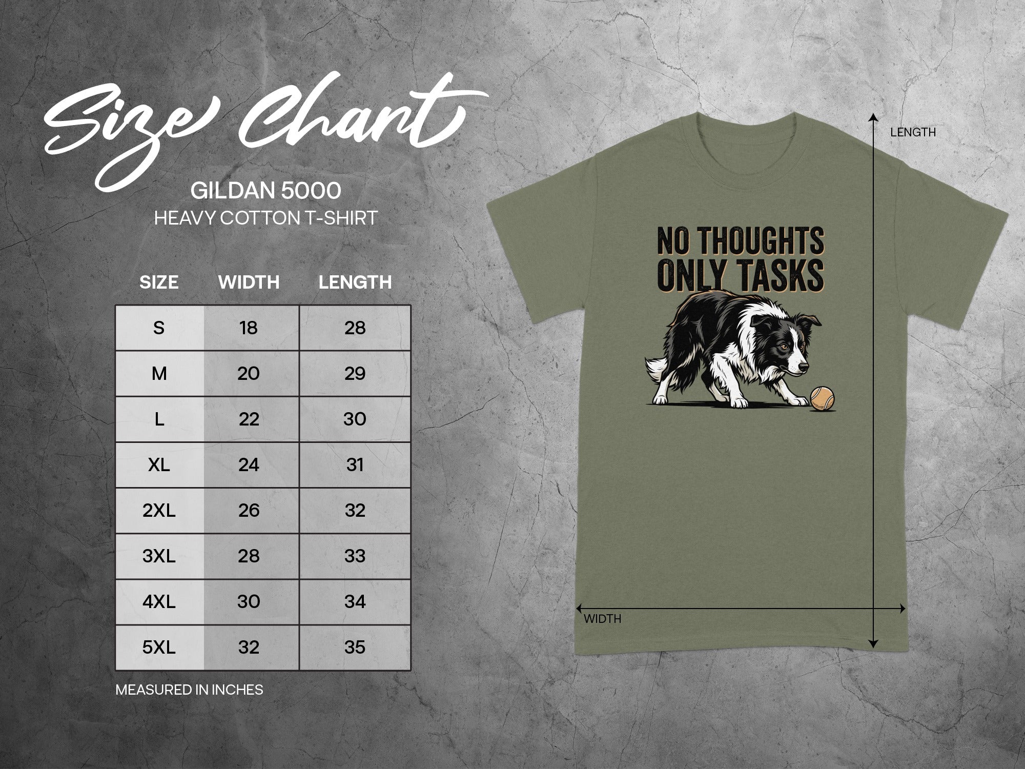 Gildan 5000 heavy cotton t-shirt size chart with dog graphic.