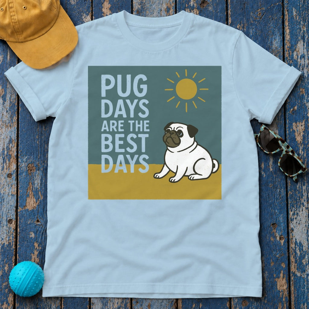 Sunny Pug Days Illustration T-shirt in Light Blue