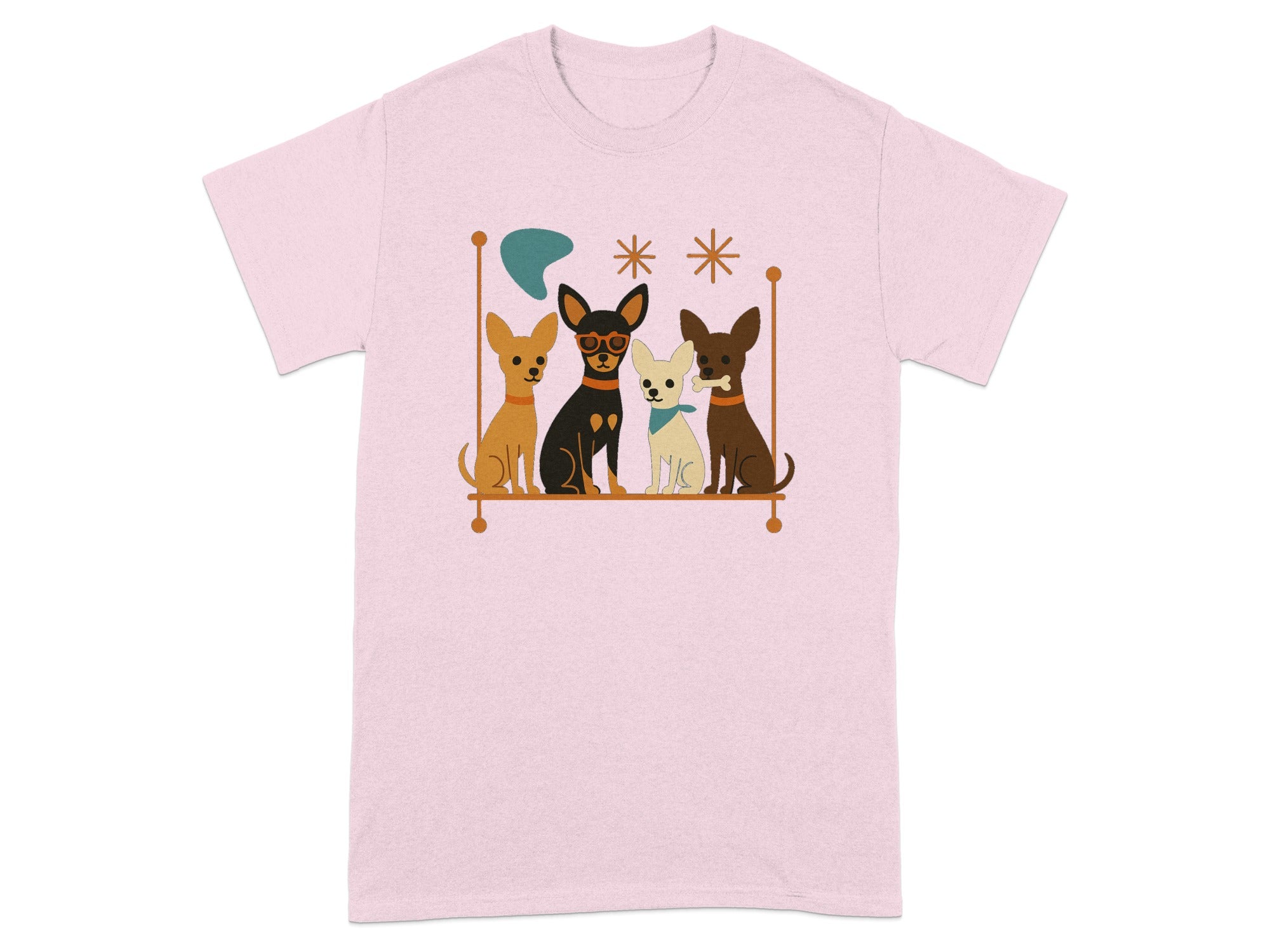Four cartoon dogs with distinct colors and accessories sit on a shelf.