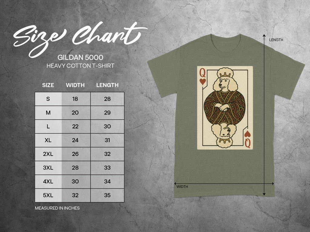 Size chart for Gildan 5000 Heavy Cotton T-Shirt with measurements in inches.