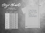Gildan 5000 size chart for Heavy Cotton T-shirt with zoomies graphic.
