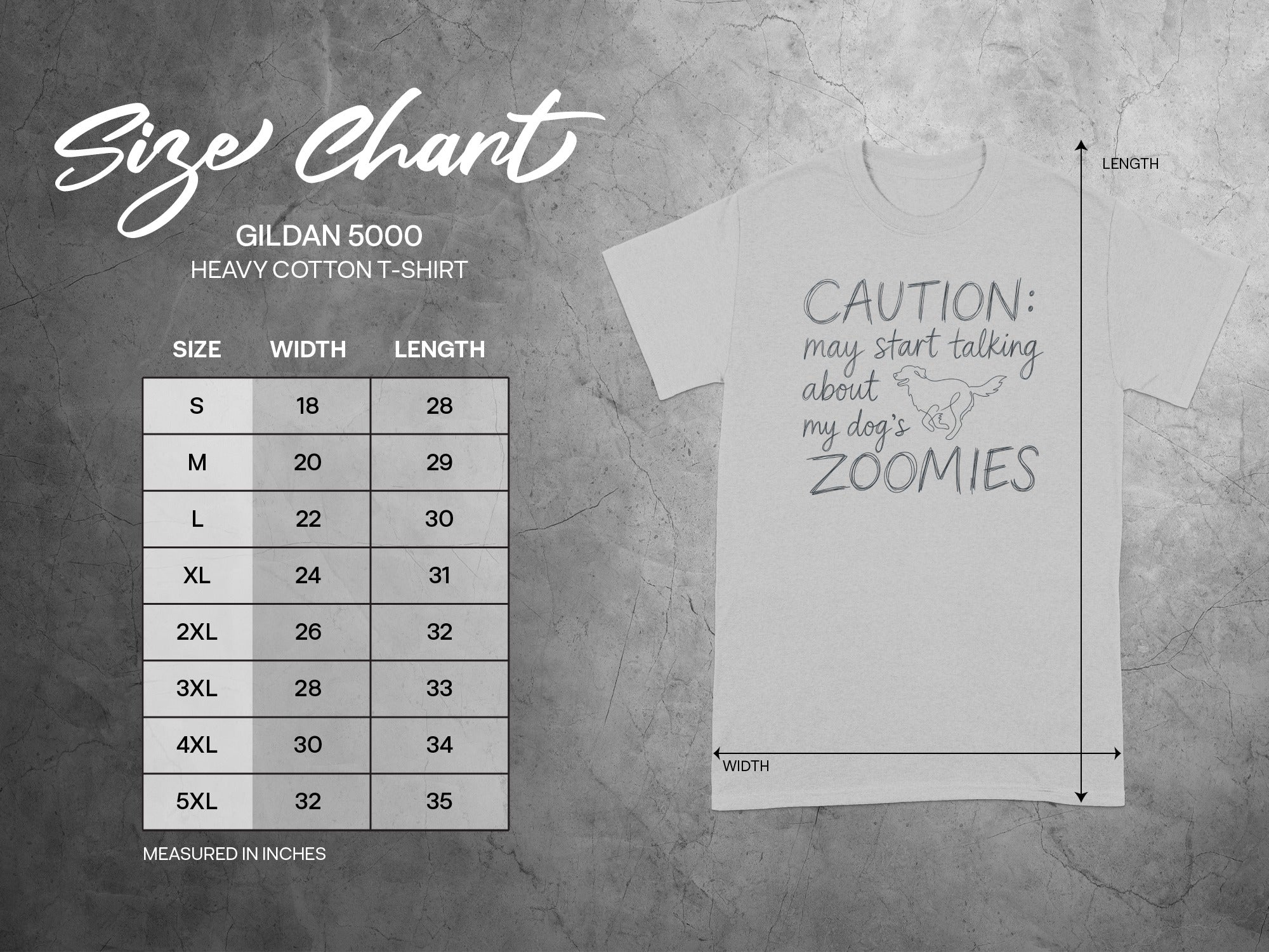 Gildan 5000 size chart for Heavy Cotton T-shirt with zoomies graphic.