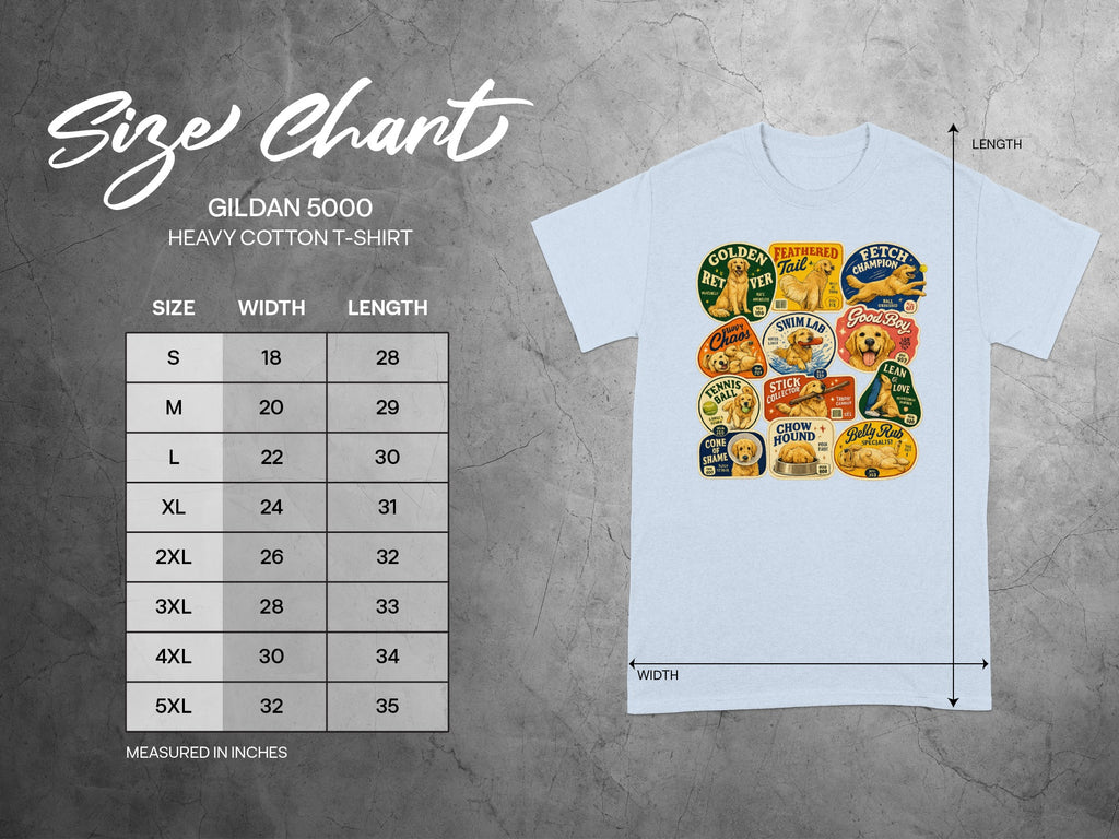 Gildan 5000 heavy cotton t-shirt size chart with garment dimensions.