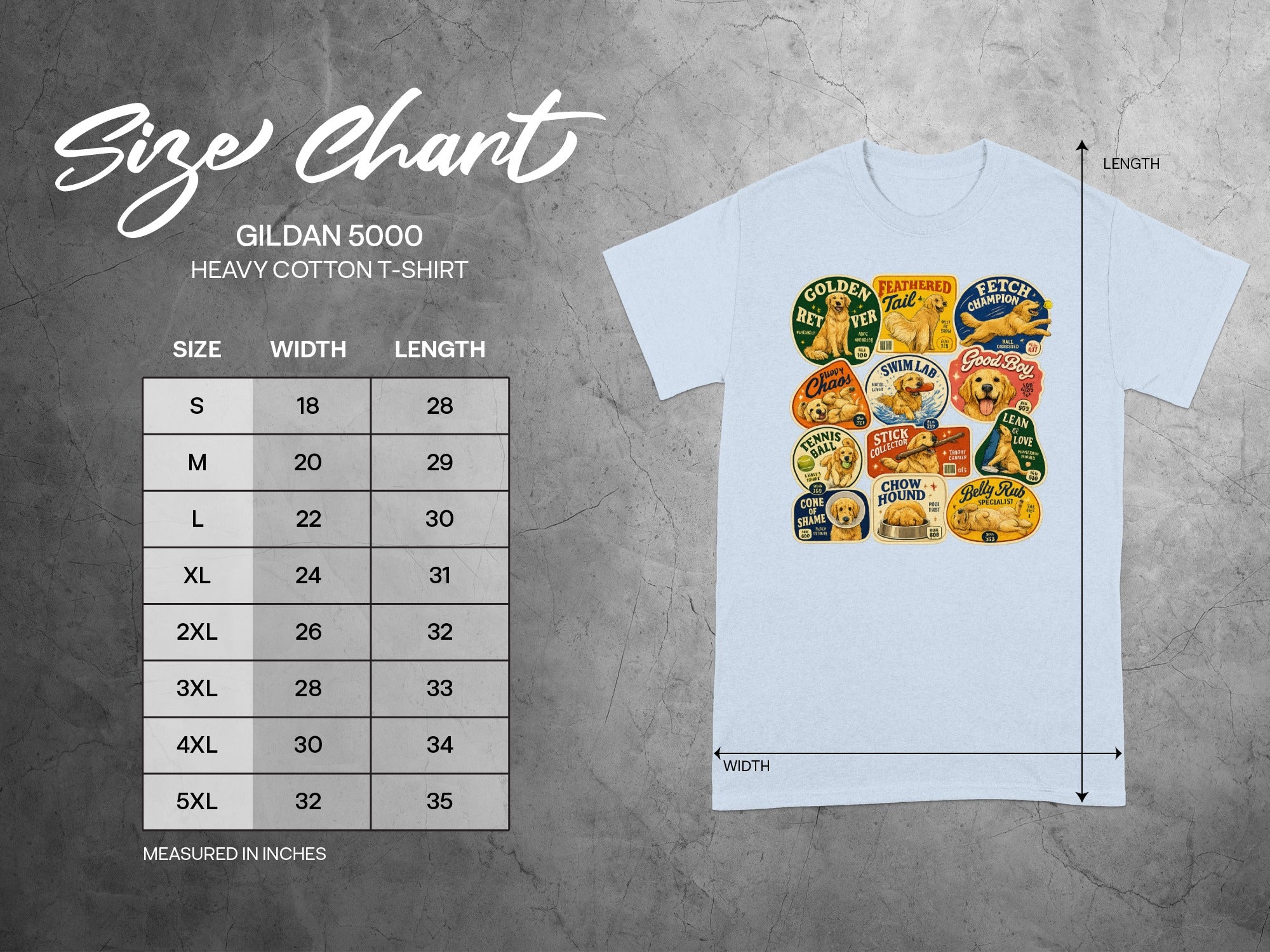 Gildan 5000 heavy cotton t-shirt size chart with garment dimensions.