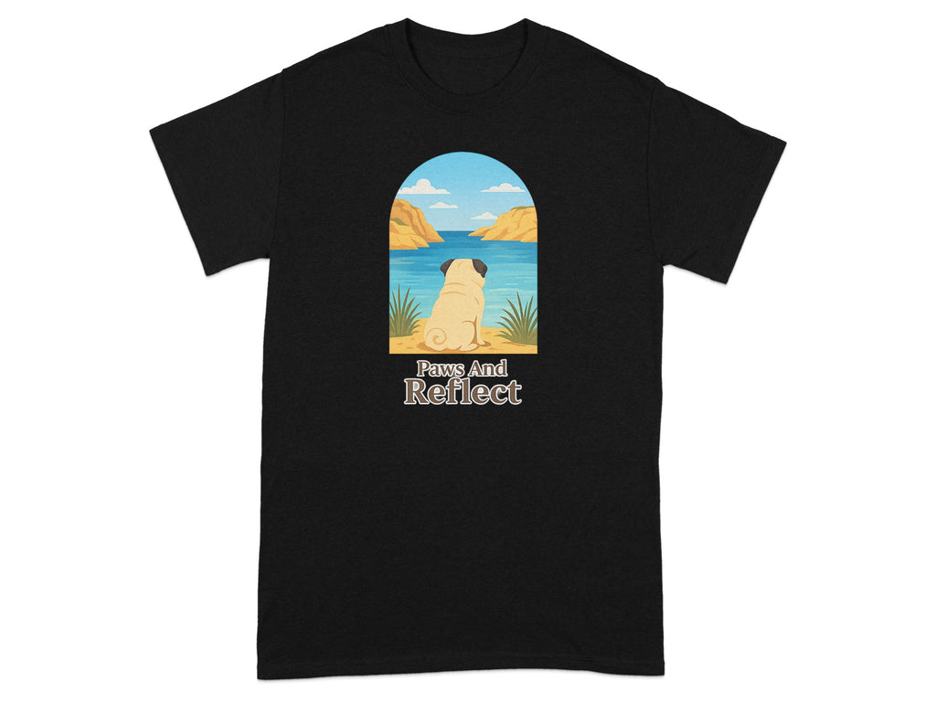 Black t-shirt with pug facing serene water landscape and text "Paws And Reflect."