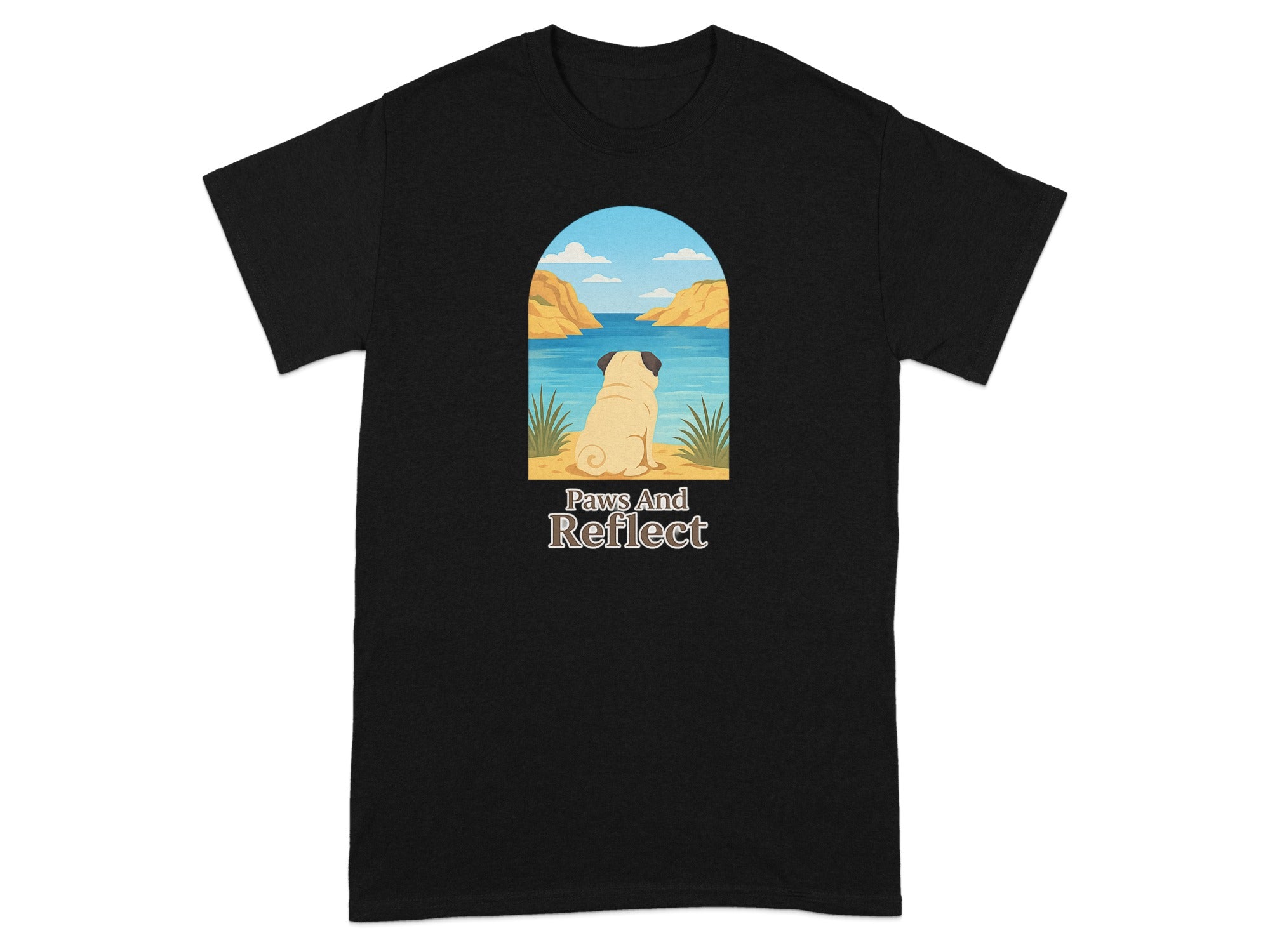 Black t-shirt with pug facing serene water landscape and text "Paws And Reflect."