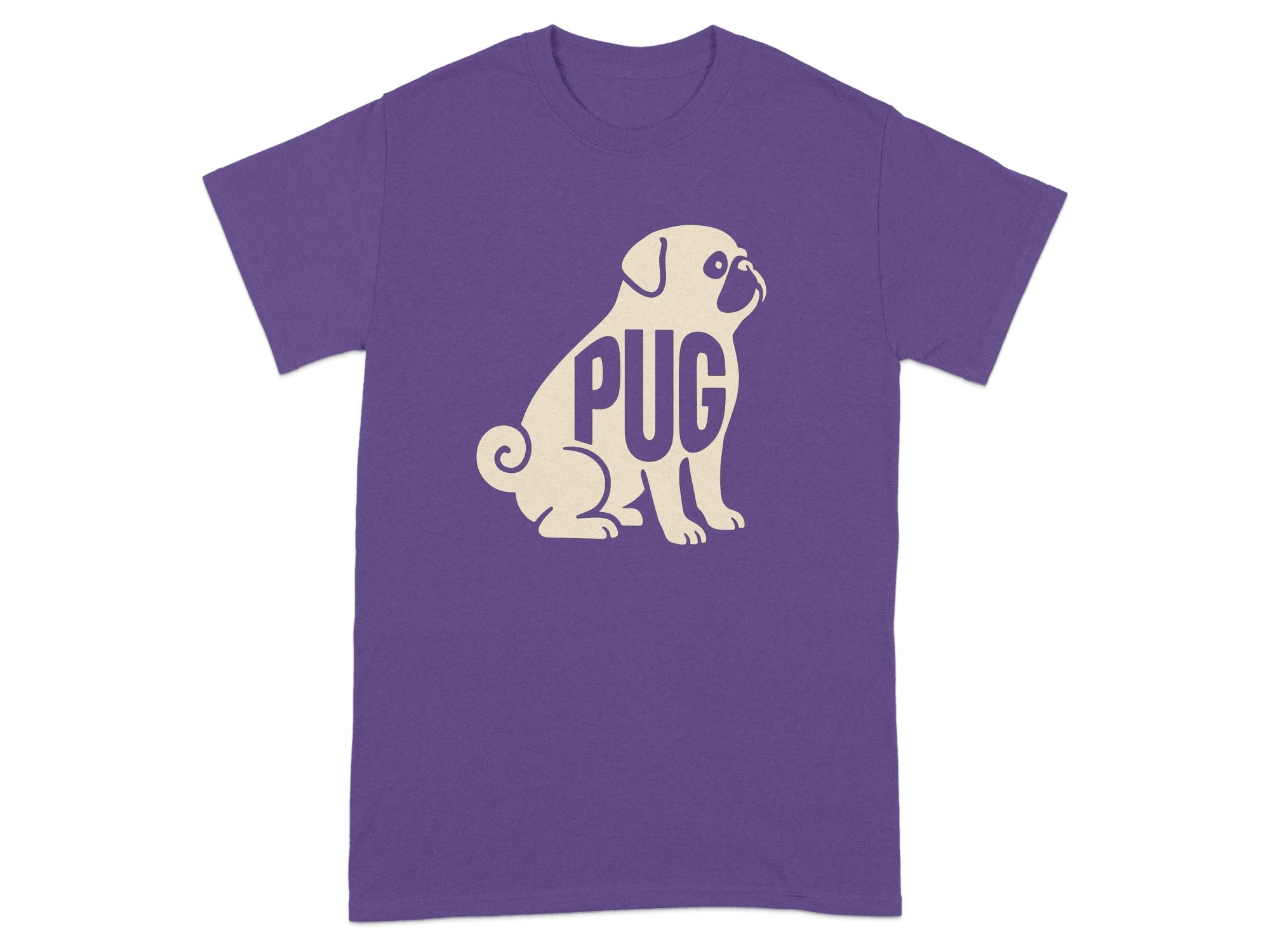 Purple t-shirt with a beige pug silhouette filled with the word PUG.