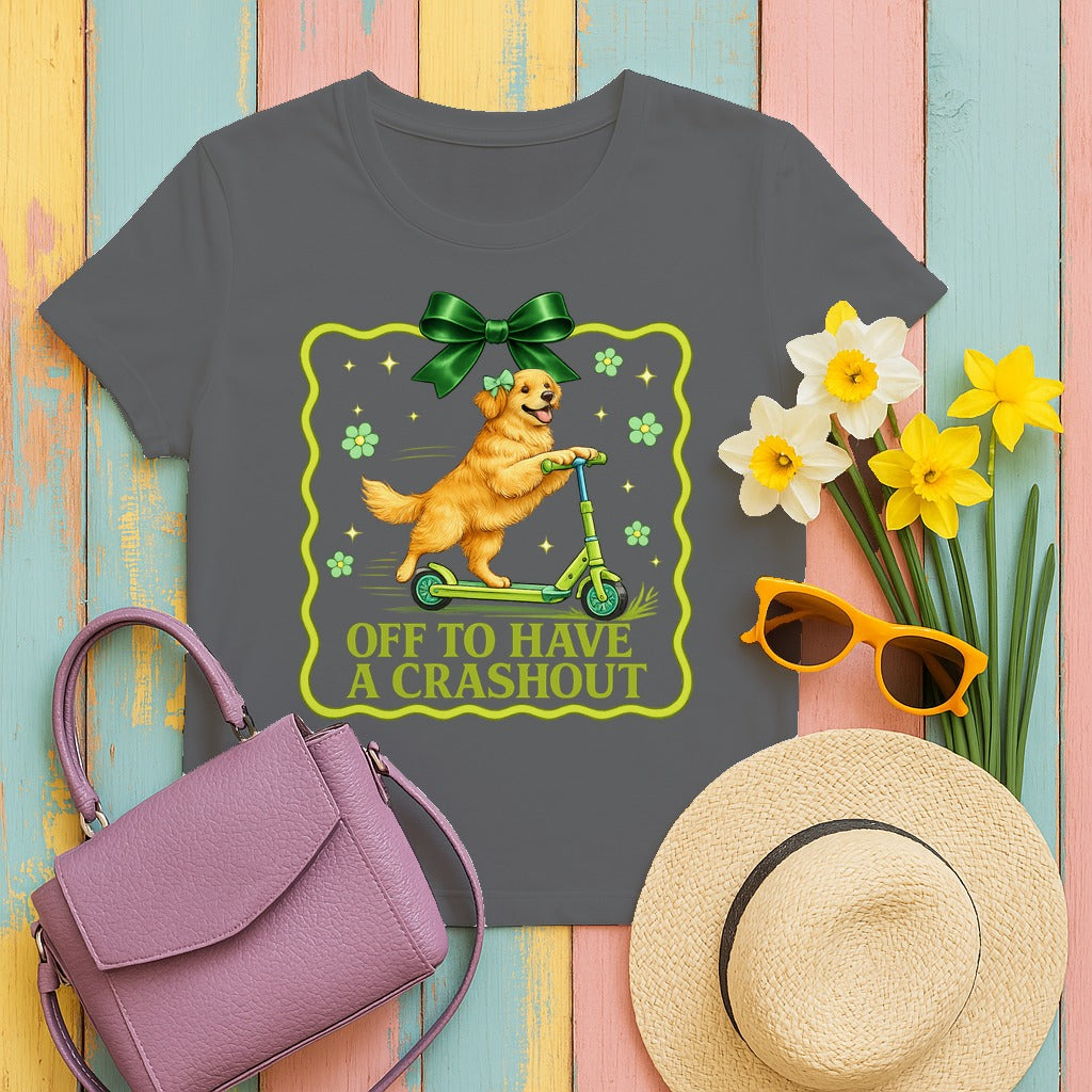 Off to Have a Crashout Golden Retriever T-shirt in Graphite Heather
